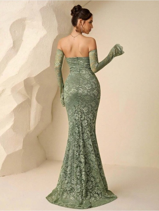 Elegant Strapless Lace Mermaid Dress in Sage Green - Picture 4 of 8